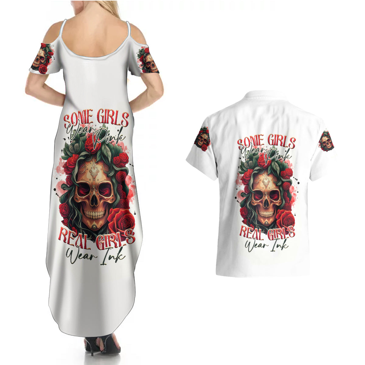 Rose Skull Couples Matching Summer Maxi Dress and Hawaiian Shirt Some Girl Wear Pink Real Girl Wear Ink - Wonder Print Shop