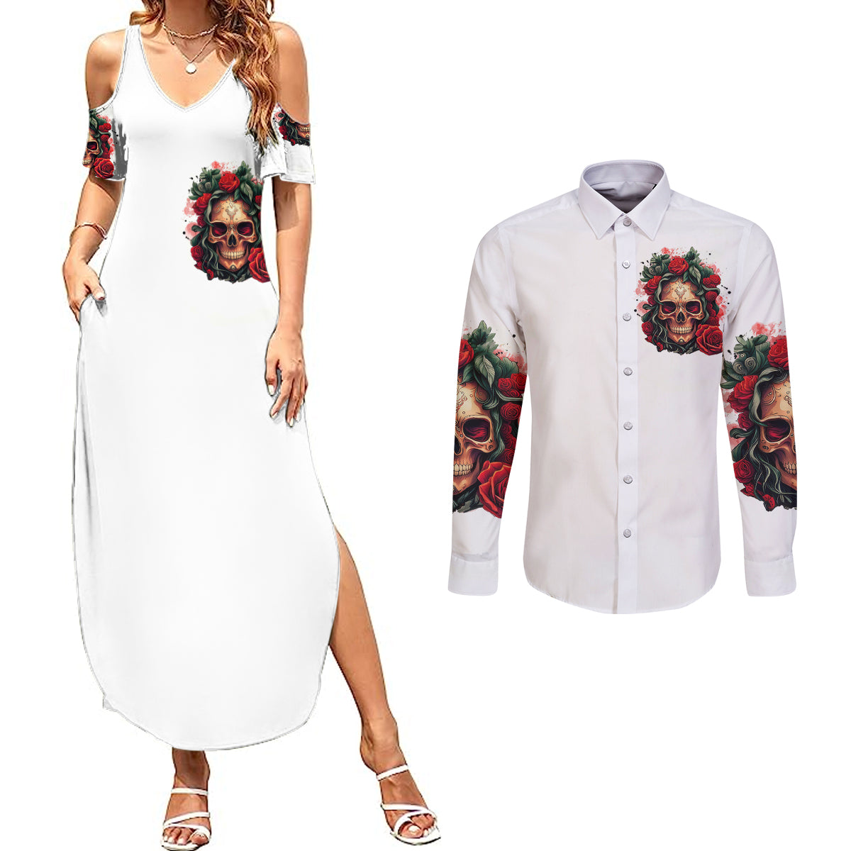 Rose Skull Couples Matching Summer Maxi Dress and Long Sleeve Button Shirts Some Girl Wear Pink Real Girl Wear Ink - Wonder Print Shop