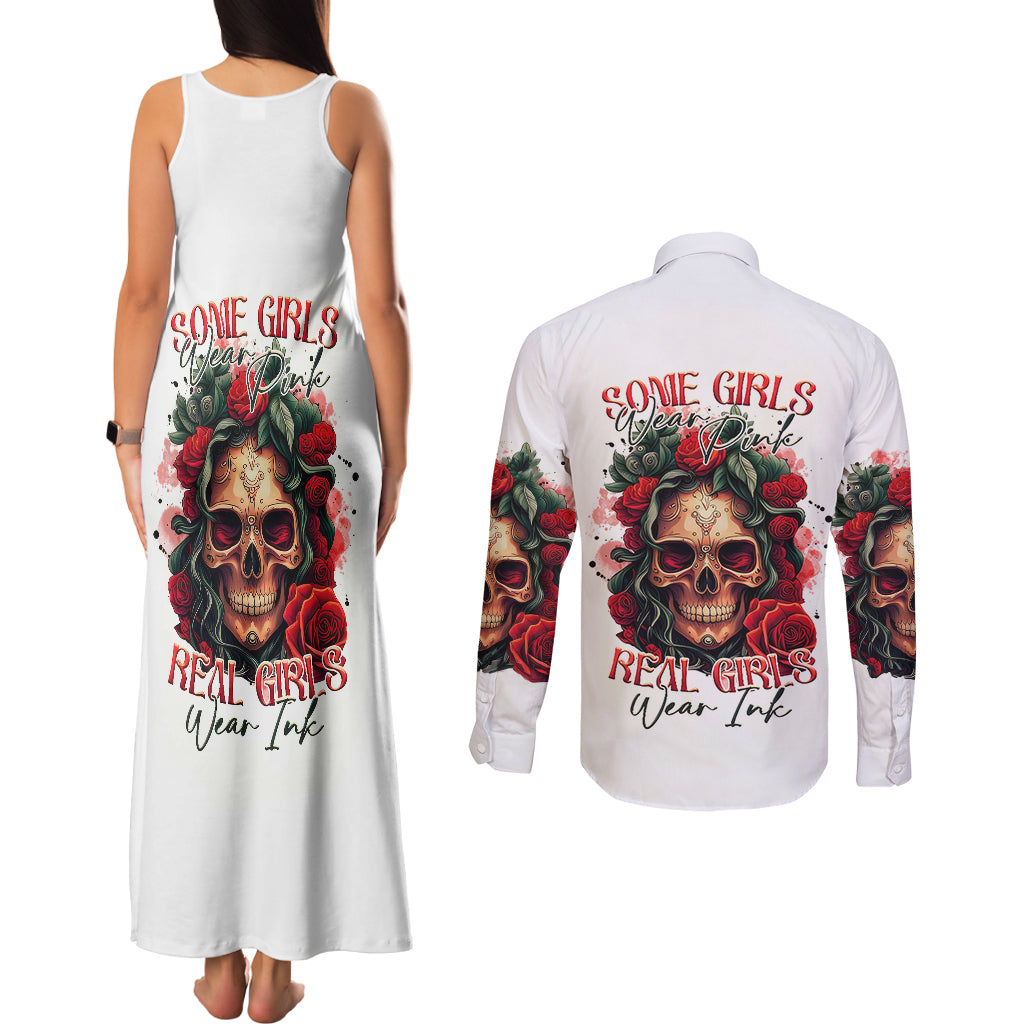 Rose Skull Couples Matching Tank Maxi Dress and Long Sleeve Button Shirts Some Girl Wear Pink Real Girl Wear Ink - Wonder Print Shop