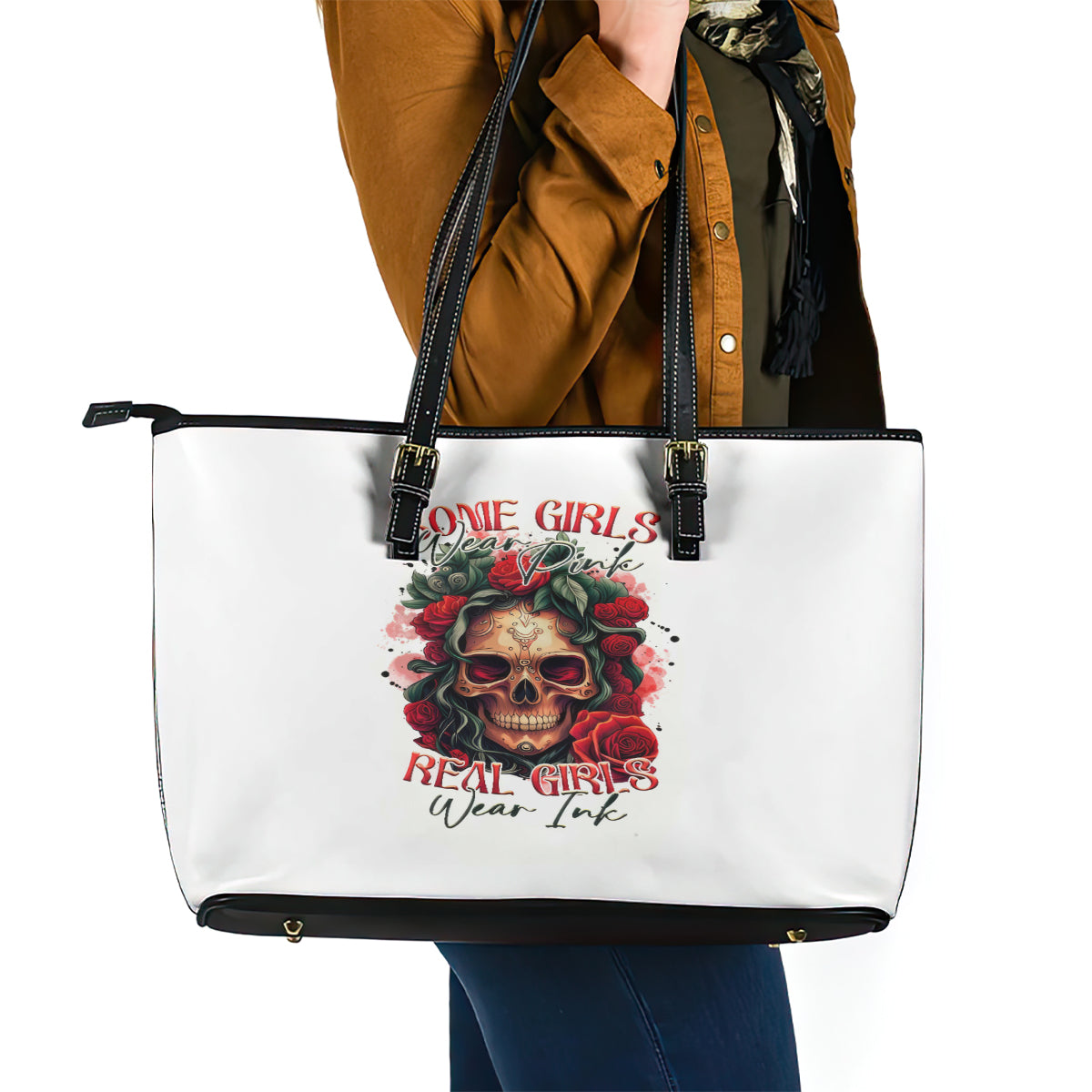Rose Skull Leather Tote Bag Some Girl Wear Pink Real Girl Wear Ink - Wonder Print Shop