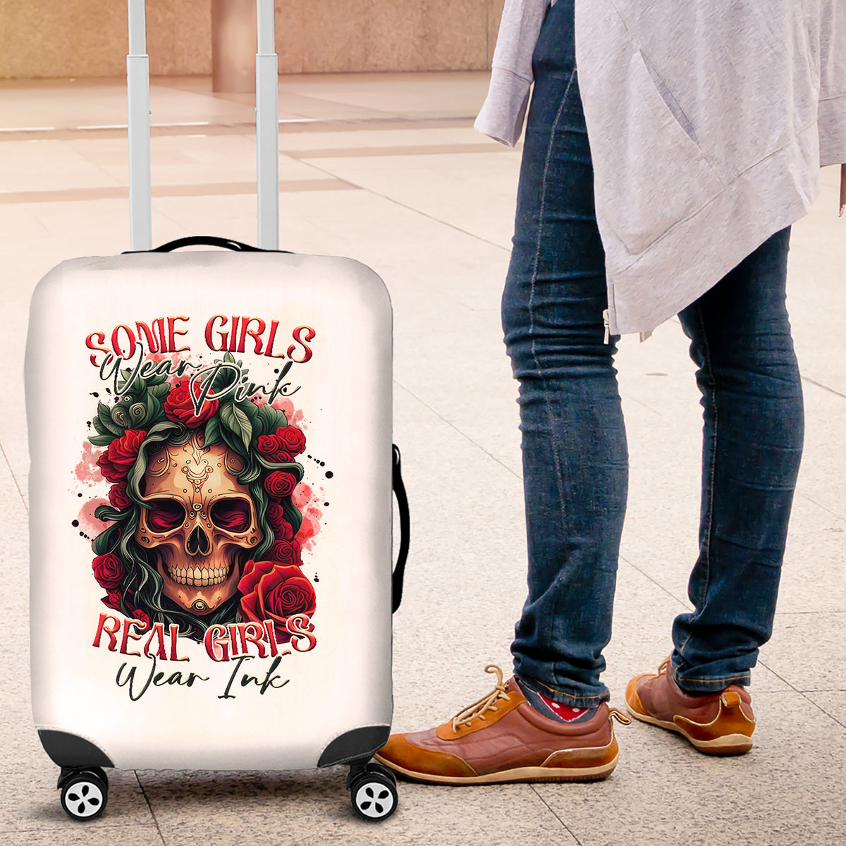 Rose Skull Luggage Cover Some Girl Wear Pink Real Girl Wear Ink - Wonder Print Shop