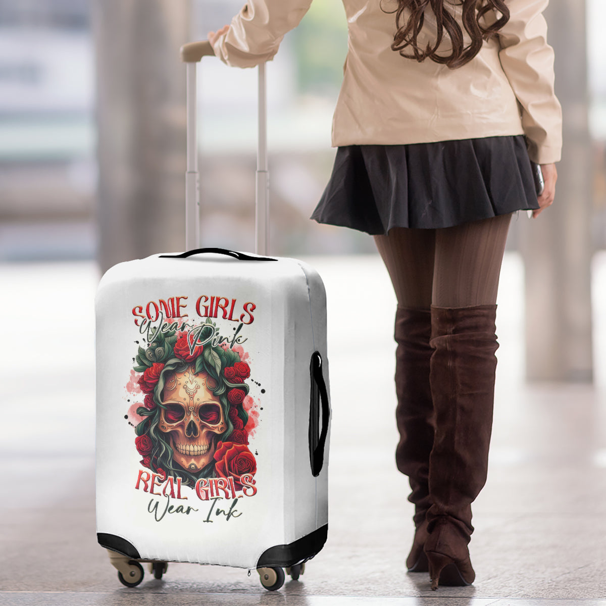 Rose Skull Luggage Cover Some Girl Wear Pink Real Girl Wear Ink - Wonder Print Shop