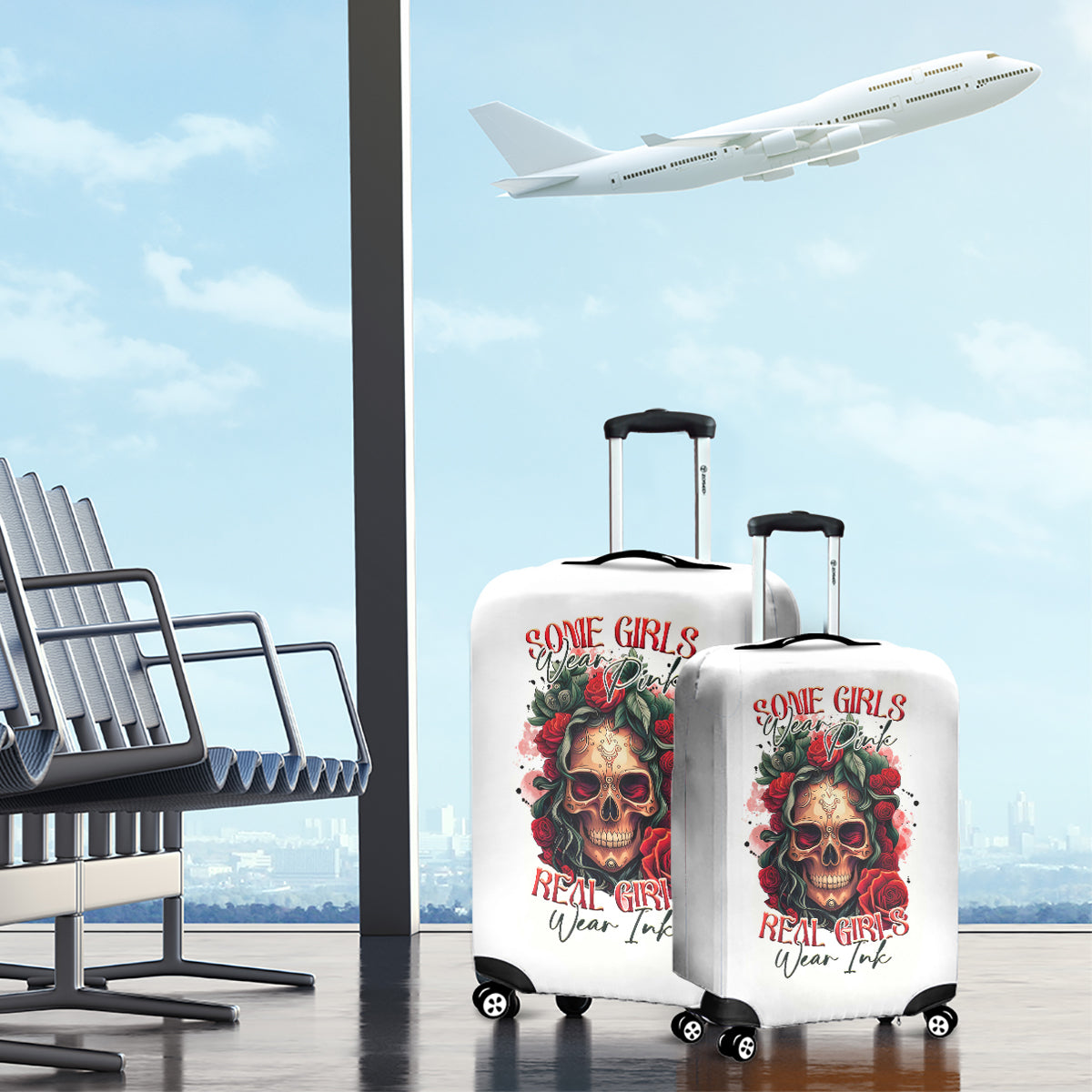 Rose Skull Luggage Cover Some Girl Wear Pink Real Girl Wear Ink - Wonder Print Shop