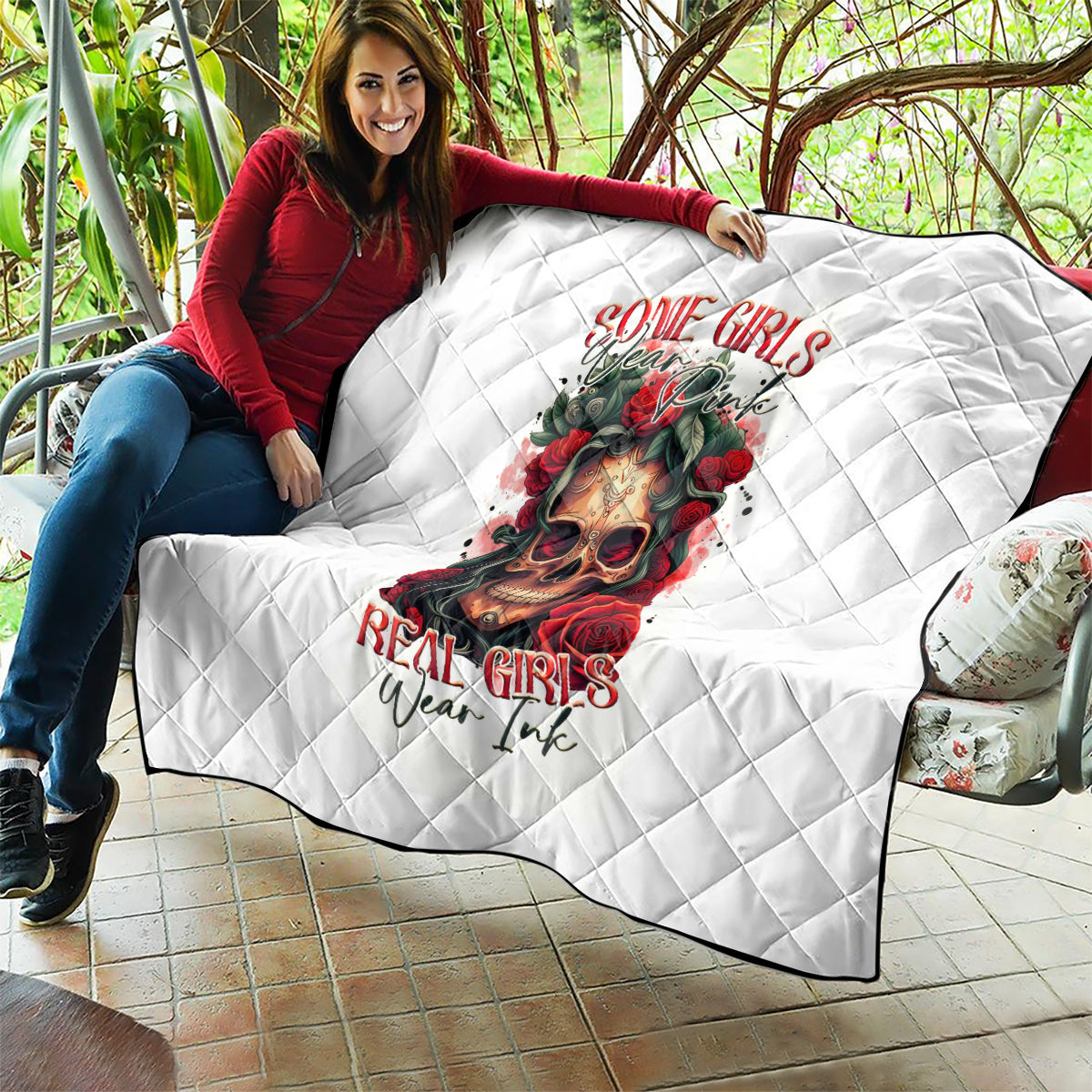 Rose Skull Quilt Some Girl Wear Pink Real Girl Wear Ink - Wonder Print Shop