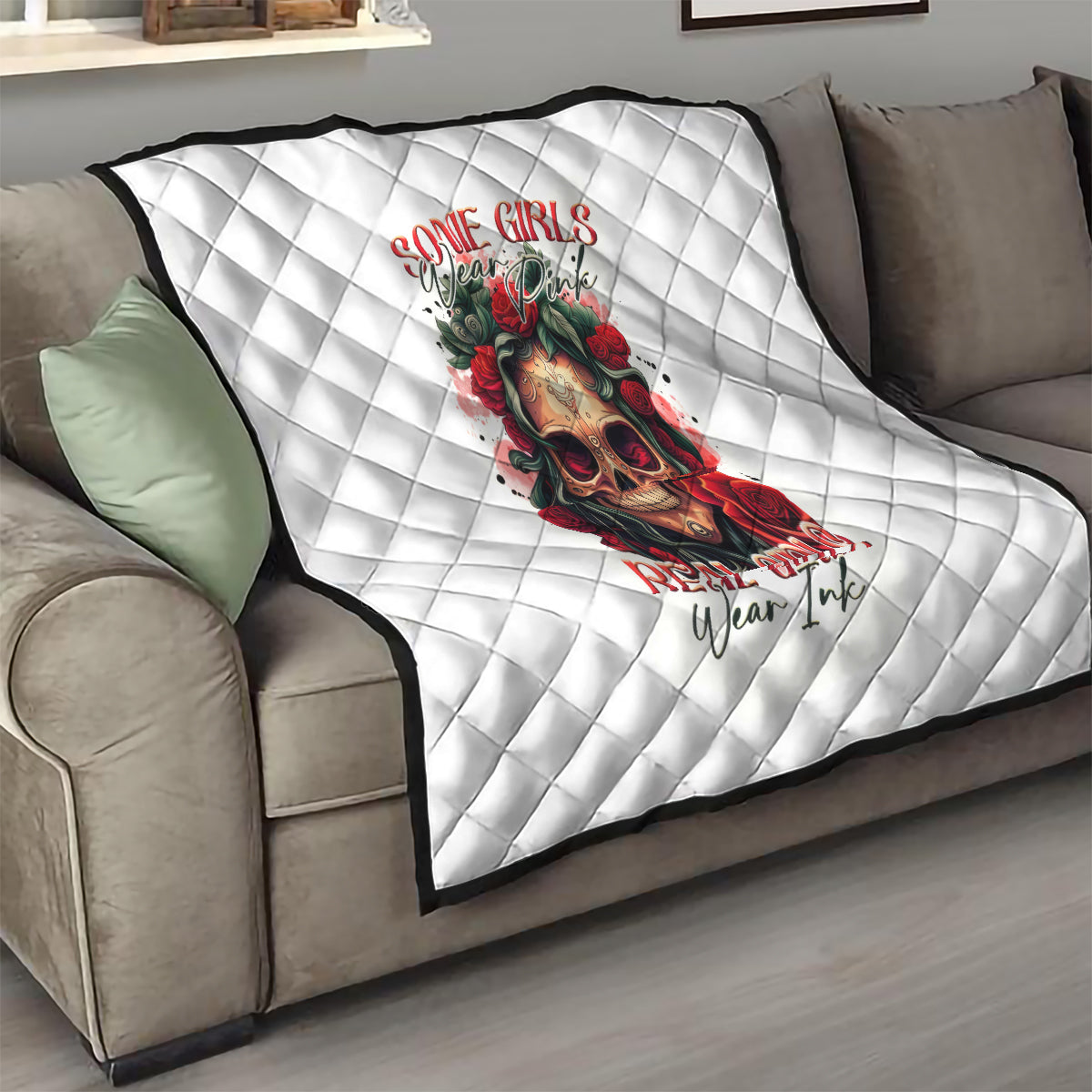 Rose Skull Quilt Some Girl Wear Pink Real Girl Wear Ink - Wonder Print Shop