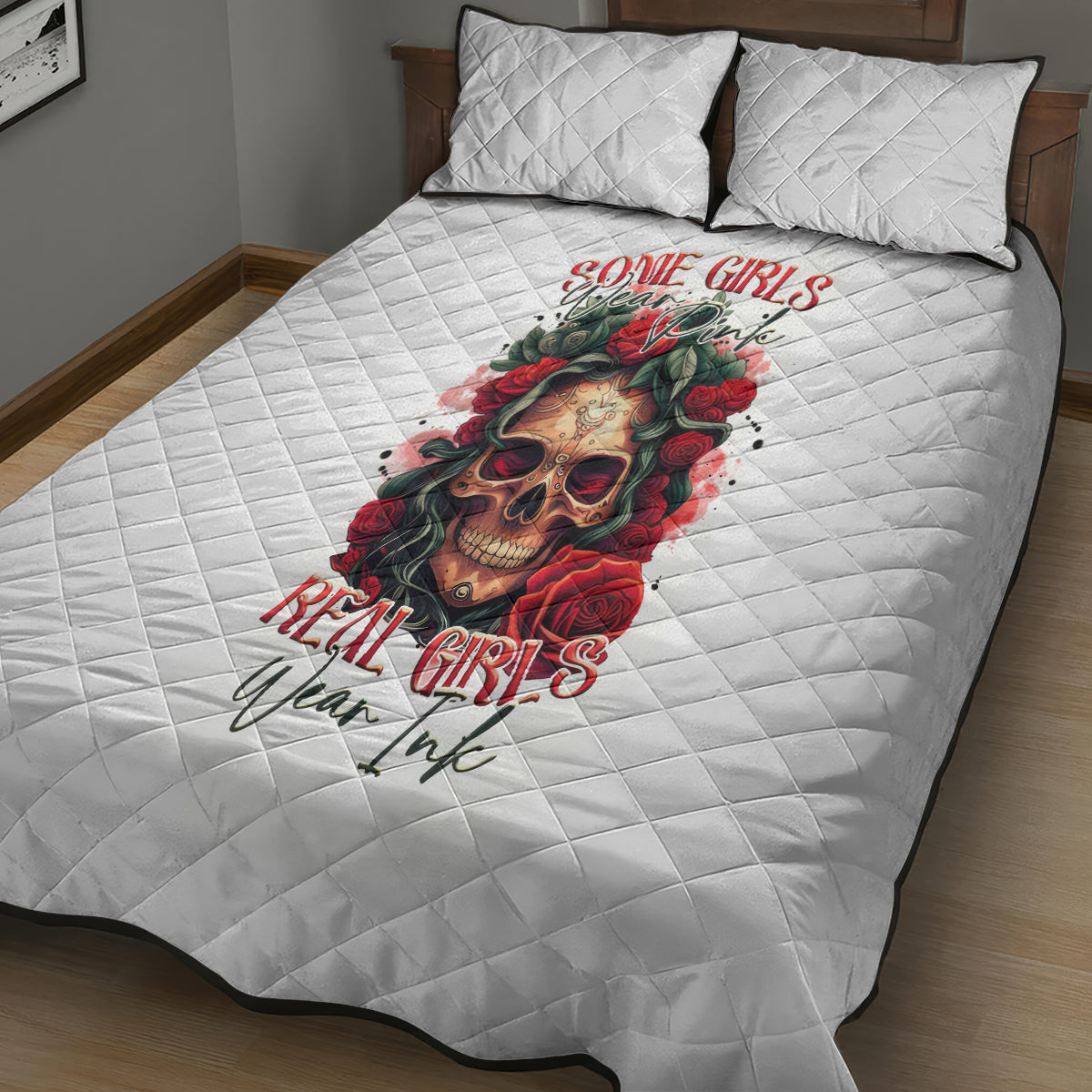 Rose Skull Quilt Bed Set Some Girl Wear Pink Real Girl Wear Ink - Wonder Print Shop