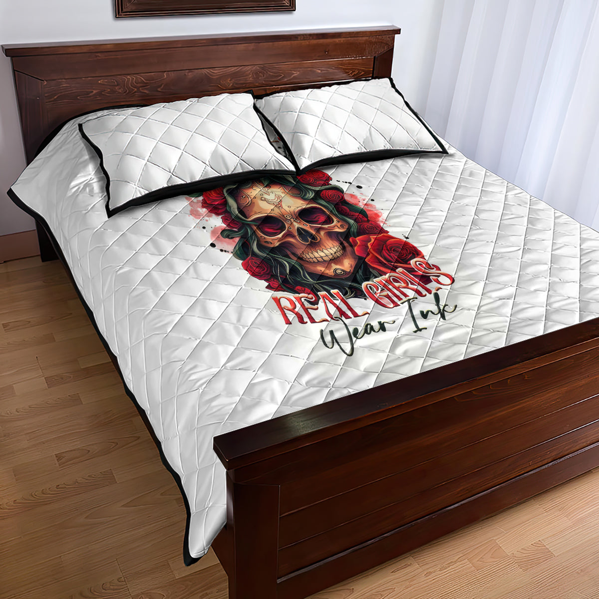 Rose Skull Quilt Bed Set Some Girl Wear Pink Real Girl Wear Ink - Wonder Print Shop