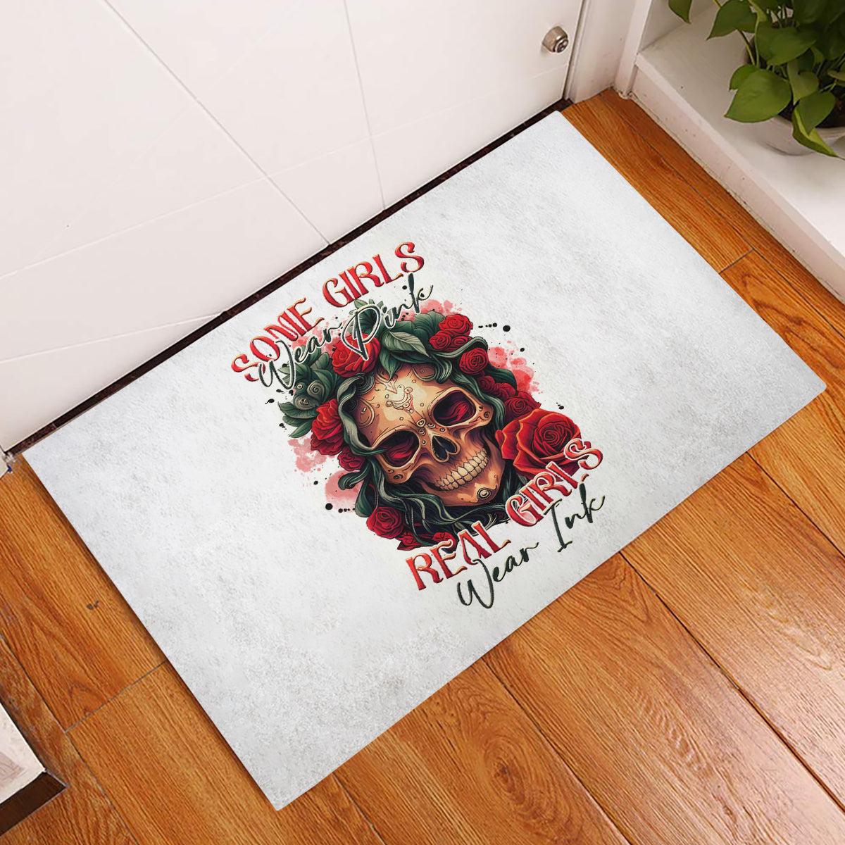 Rose Skull Rubber Doormat Some Girl Wear Pink Real Girl Wear Ink - Wonder Print Shop