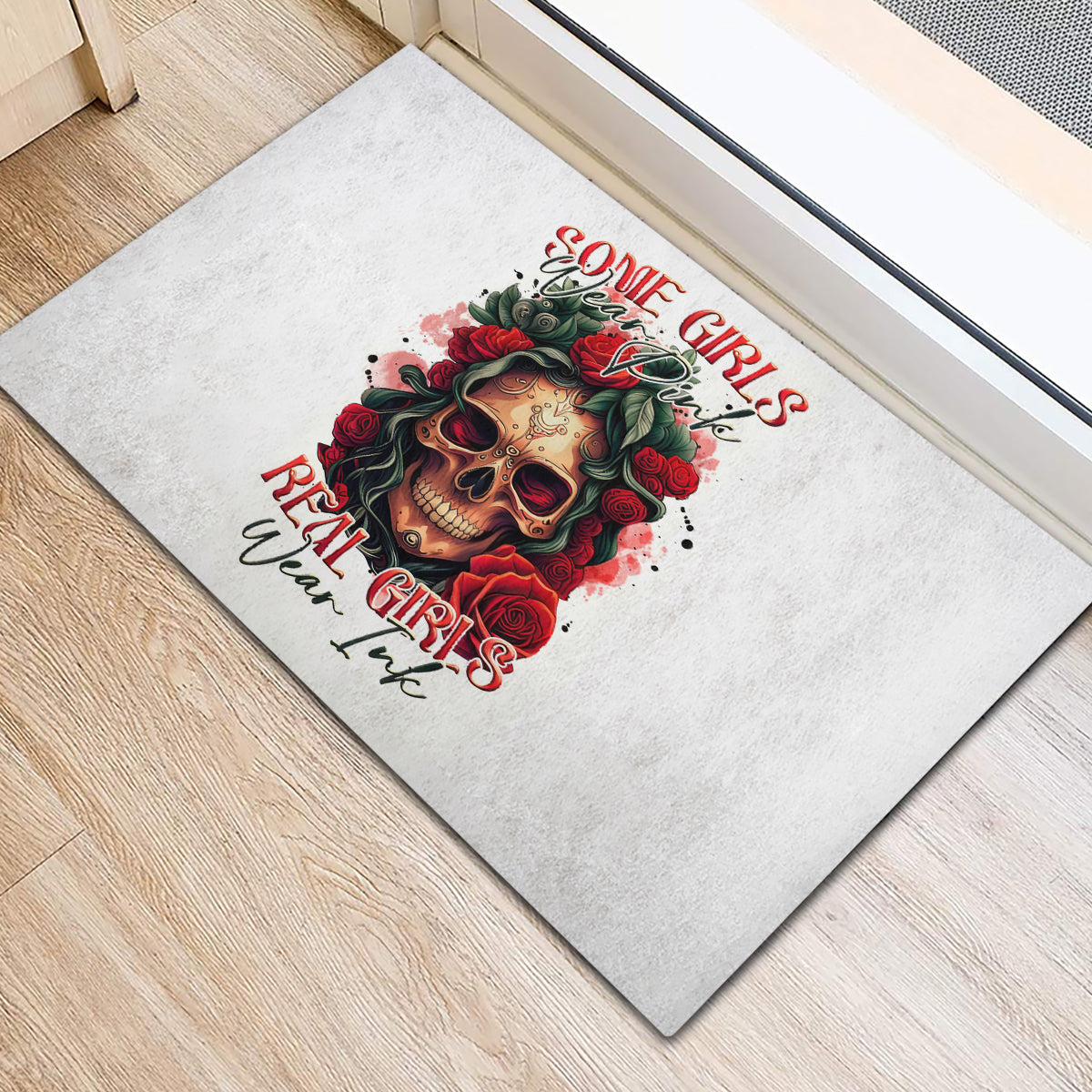 Rose Skull Rubber Doormat Some Girl Wear Pink Real Girl Wear Ink - Wonder Print Shop