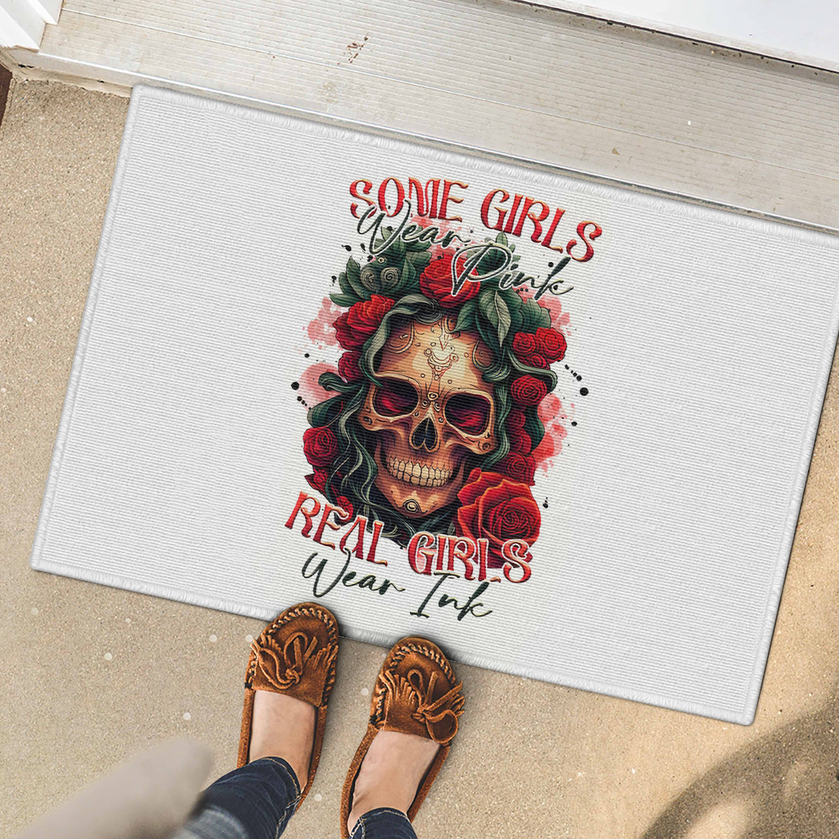 Rose Skull Rubber Doormat Some Girl Wear Pink Real Girl Wear Ink - Wonder Print Shop