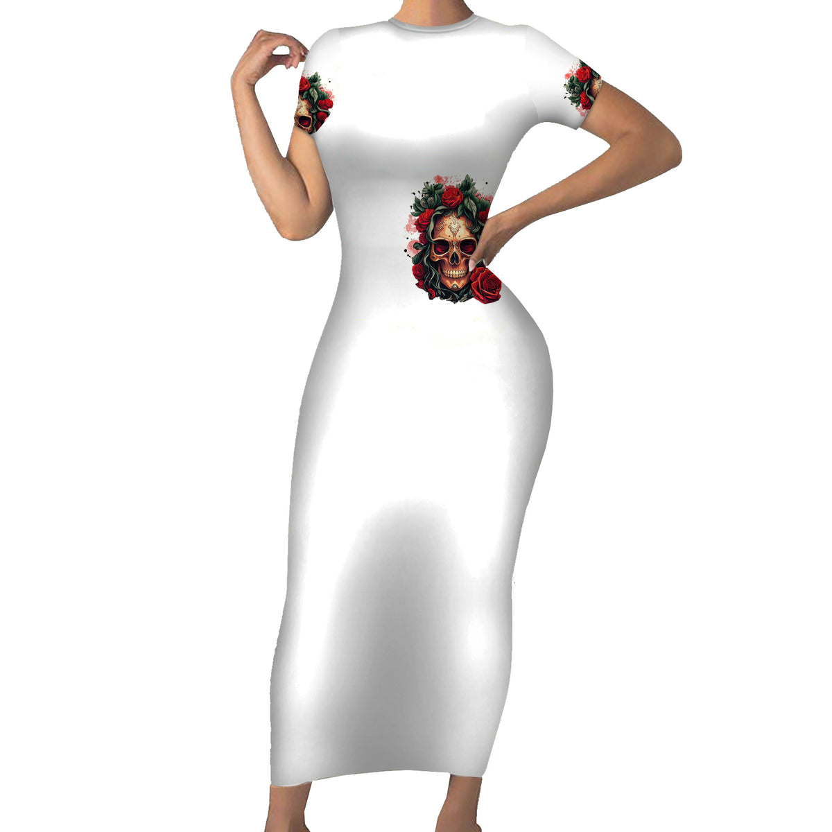 Rose Skull Short Sleeve Bodycon Dress Some Girl Wear Pink Real Girl Wear Ink - Wonder Print Shop