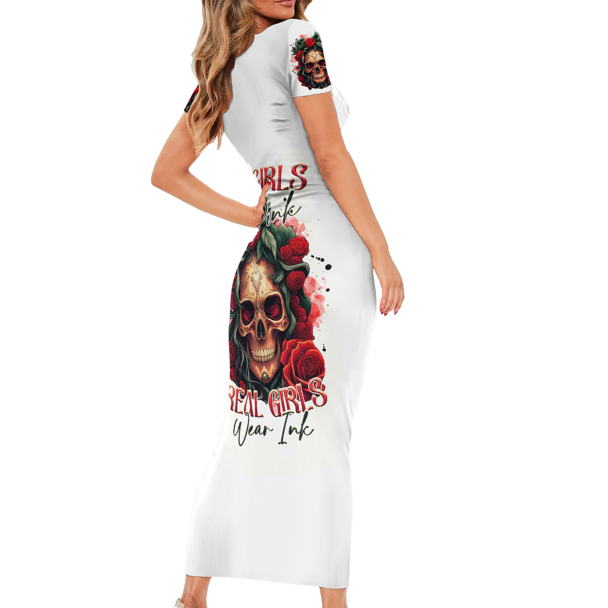 Rose Skull Short Sleeve Bodycon Dress Some Girl Wear Pink Real Girl Wear Ink - Wonder Print Shop