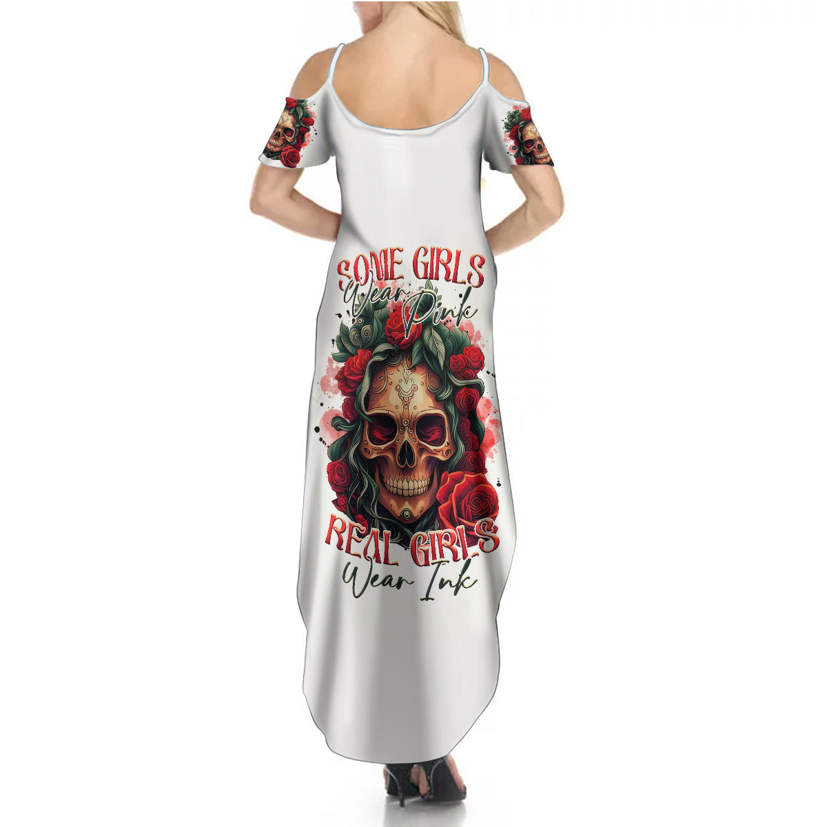 Rose Skull Summer Maxi Dress Some Girl Wear Pink Real Girl Wear Ink - Wonder Print Shop