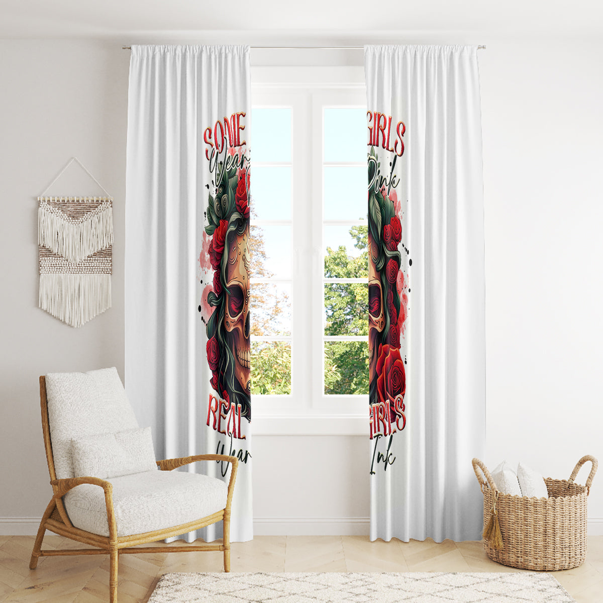 Rose Skull Window Curtain Some Girl Wear Pink Real Girl Wear Ink - Wonder Print Shop
