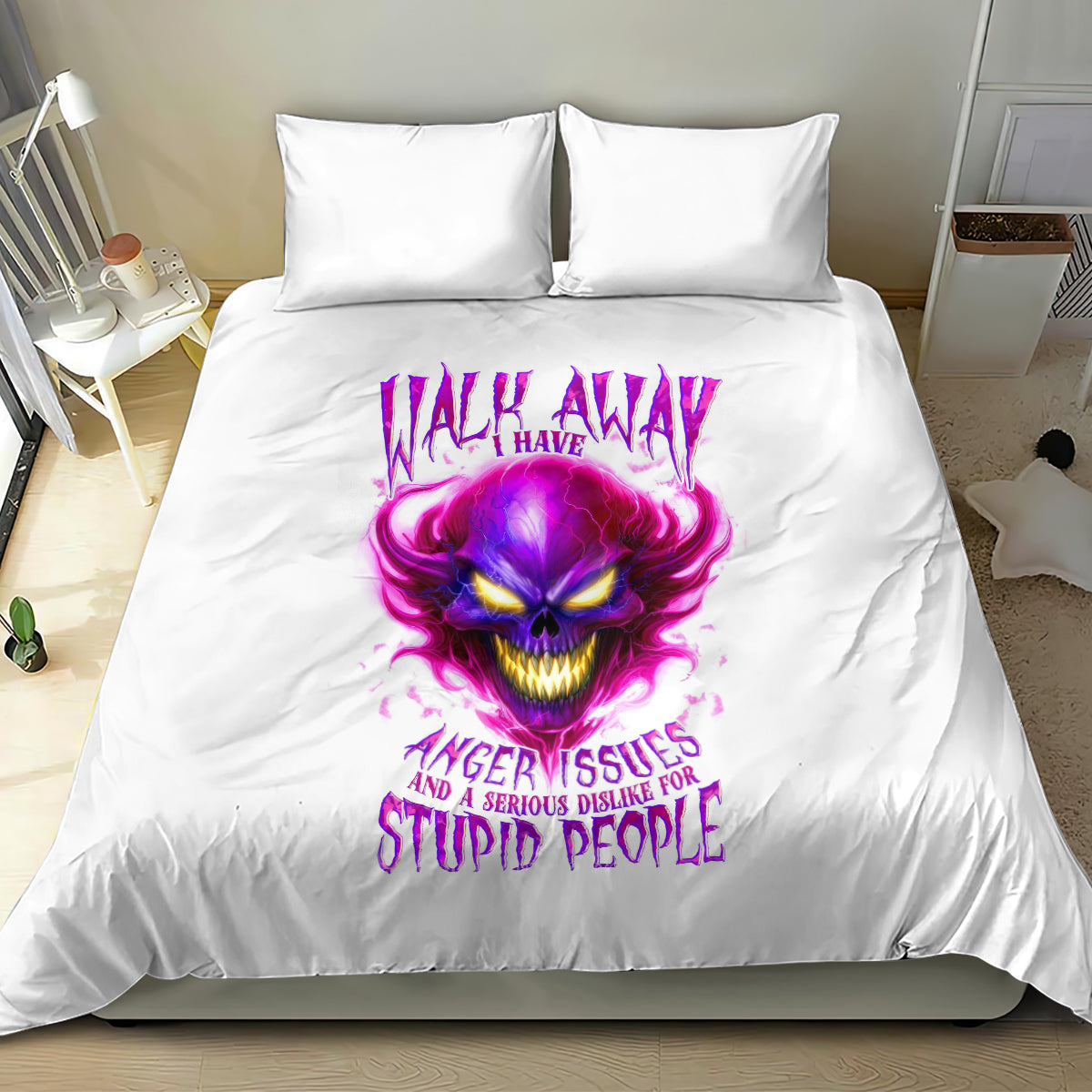 Flame Skull Bedding Set Walk Away I Have Anger Issues And Dislike For Stupod People - Wonder Print Shop