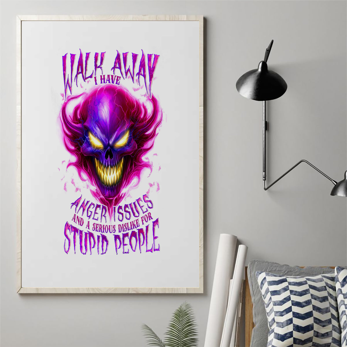 Flame Skull Canvas Wall Art Walk Away I Have Anger Issues And Dislike For Stupod People - Wonder Print Shop