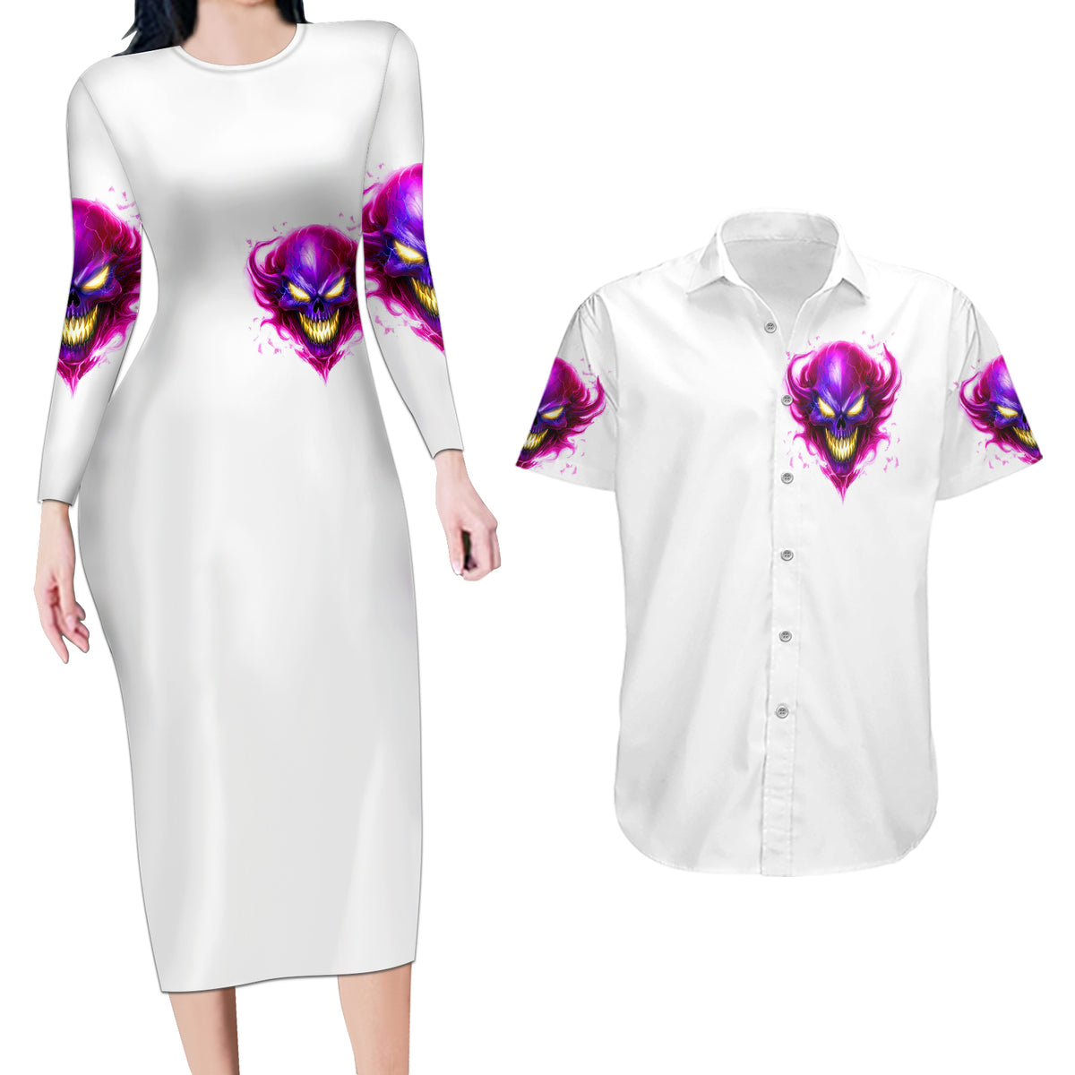 Flame Skull Couples Matching Long Sleeve Bodycon Dress and Hawaiian Shirt Walk Away I Have Anger Issues And Dislike For Stupod People - Wonder Print Shop