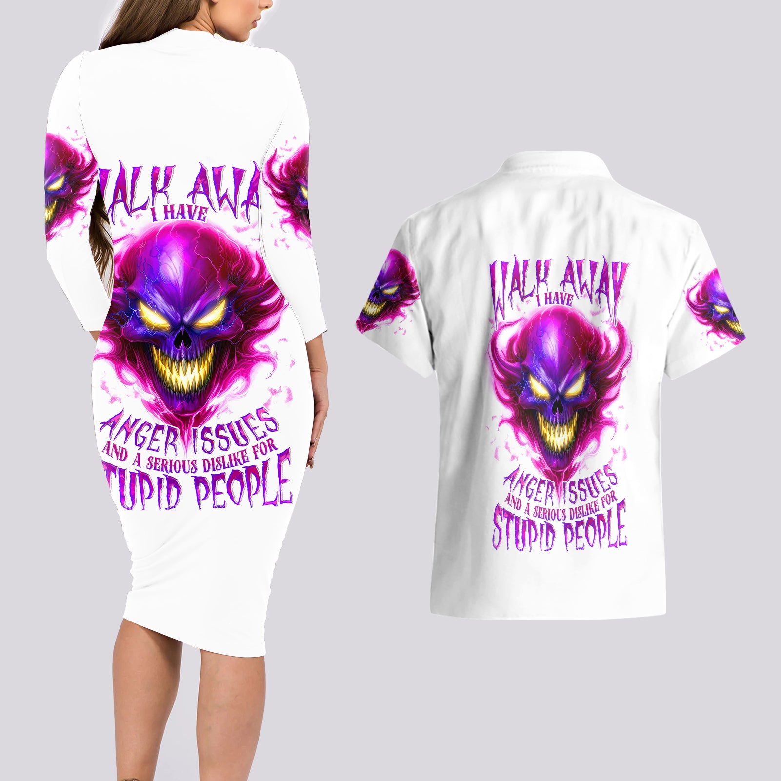 Flame Skull Couples Matching Long Sleeve Bodycon Dress and Hawaiian Shirt Walk Away I Have Anger Issues And Dislike For Stupod People - Wonder Print Shop