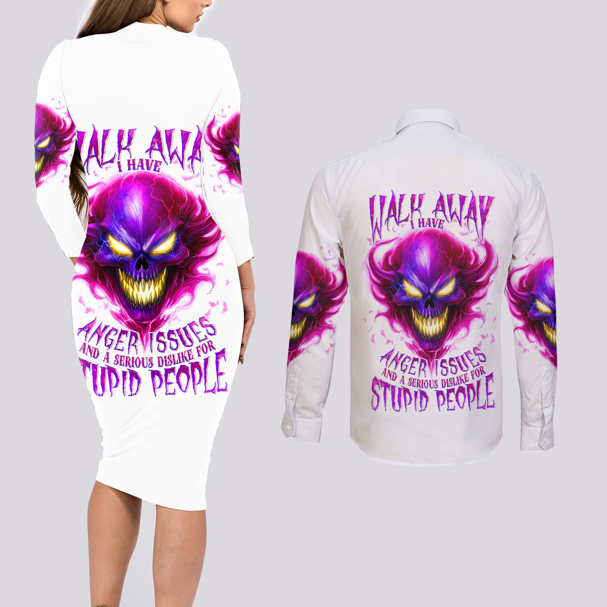 Flame Skull Couples Matching Long Sleeve Bodycon Dress and Long Sleeve Button Shirts Walk Away I Have Anger Issues And Dislike For Stupod People - Wonder Print Shop