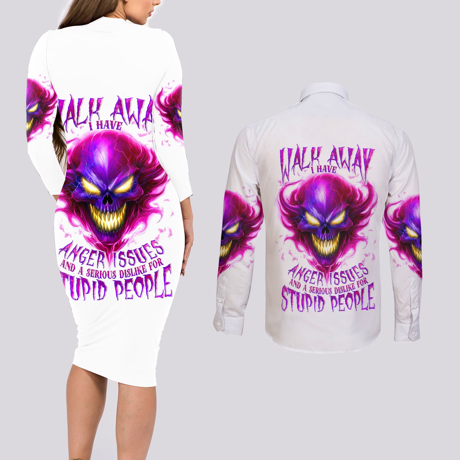 Flame Skull Couples Matching Long Sleeve Bodycon Dress and Long Sleeve Button Shirts Walk Away I Have Anger Issues And Dislike For Stupod People - Wonder Print Shop
