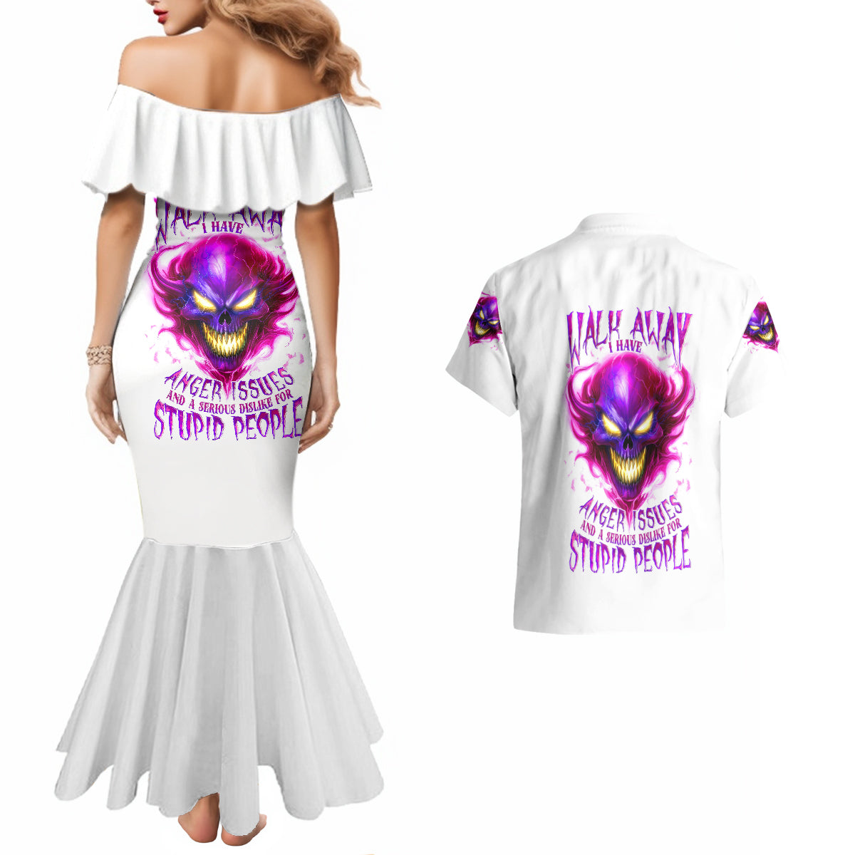 Flame Skull Couples Matching Mermaid Dress and Hawaiian Shirt Walk Away I Have Anger Issues And Dislike For Stupod People - Wonder Print Shop