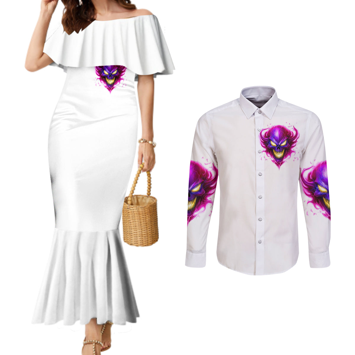 flame-skull-couples-matching-mermaid-dress-and-long-sleeve-button-shirts-walk-away-i-have-anger-issues-and-dislike-for-stupod-people