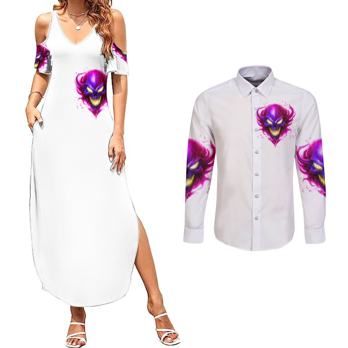 Flame Skull Couples Matching Summer Maxi Dress and Long Sleeve Button Shirts Walk Away I Have Anger Issues And Dislike For Stupod People - Wonder Print Shop