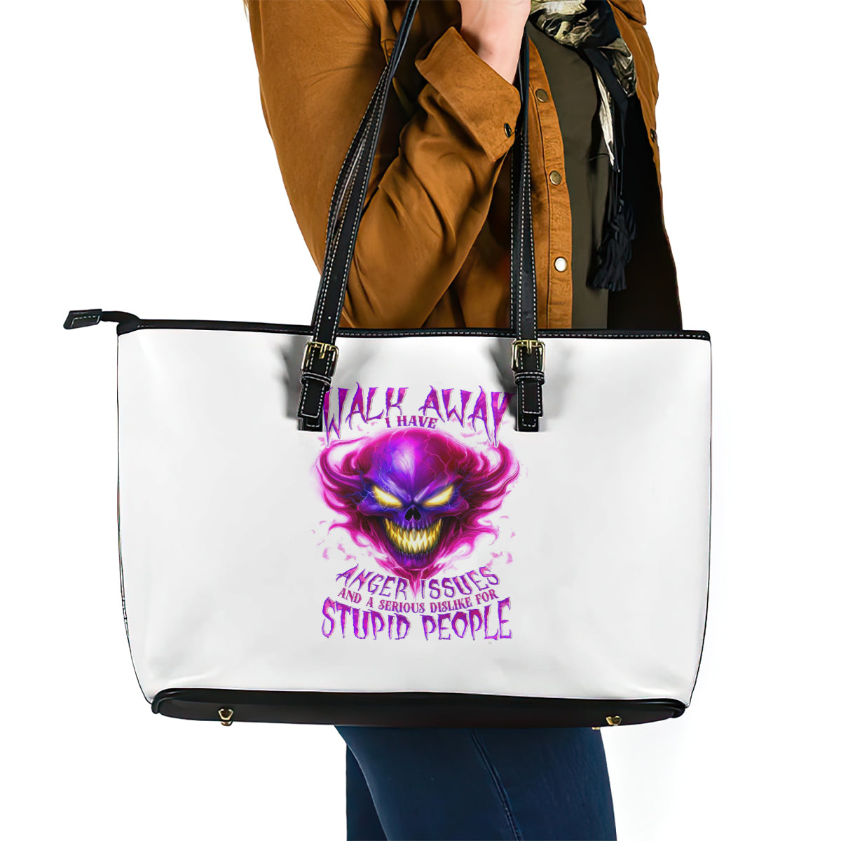 Flame Skull Leather Tote Bag Walk Away I Have Anger Issues And Dislike For Stupod People - Wonder Print Shop