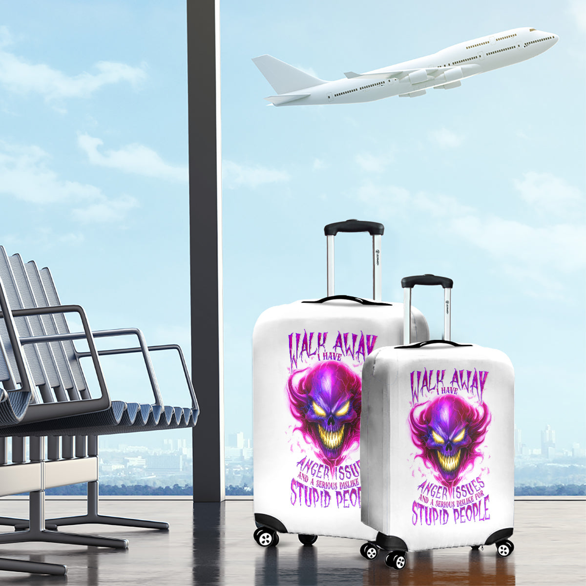 Flame Skull Luggage Cover Walk Away I Have Anger Issues And Dislike For Stupod People - Wonder Print Shop
