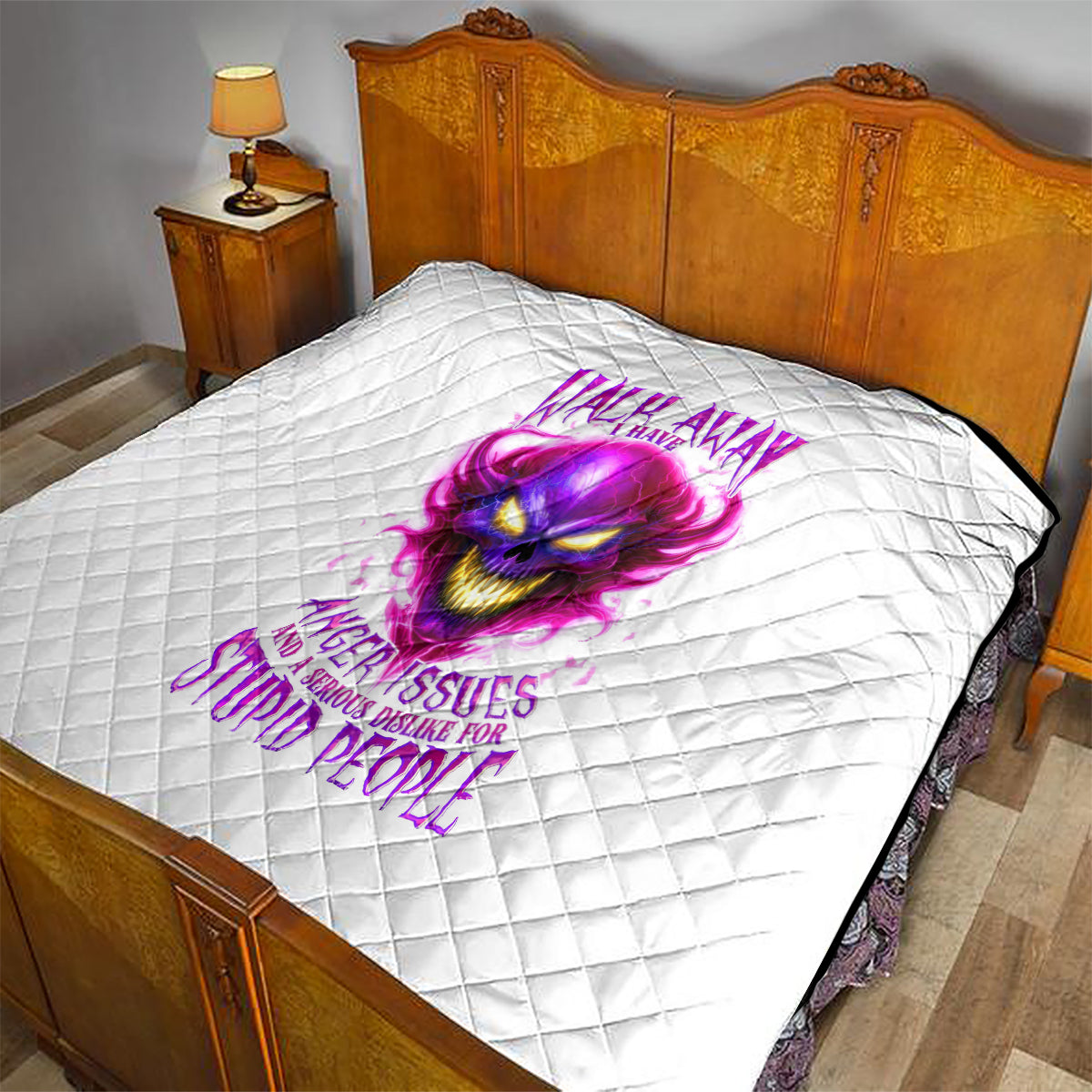 Flame Skull Quilt Walk Away I Have Anger Issues And Dislike For Stupod People - Wonder Print Shop