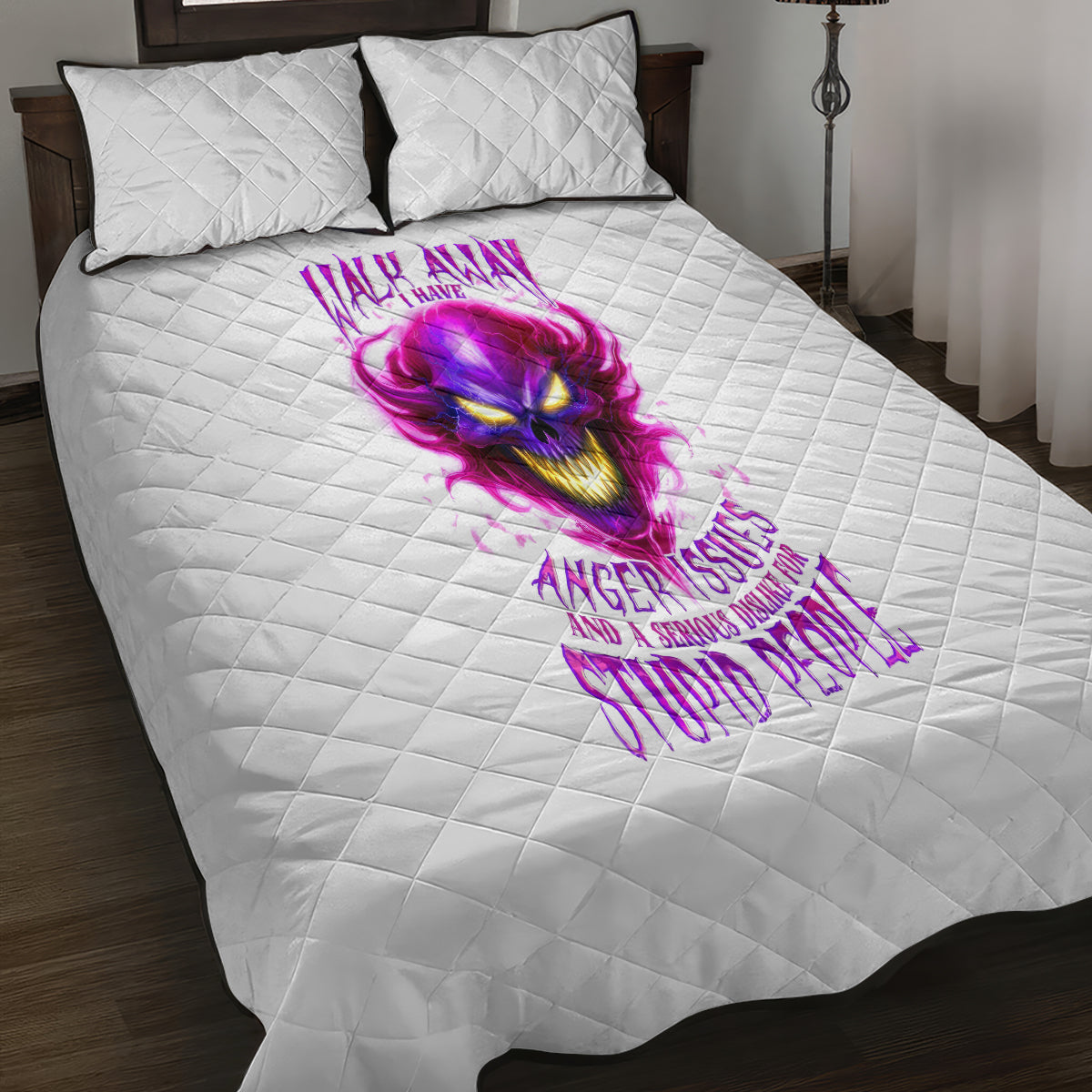 Flame Skull Quilt Bed Set Walk Away I Have Anger Issues And Dislike For Stupod People - Wonder Print Shop
