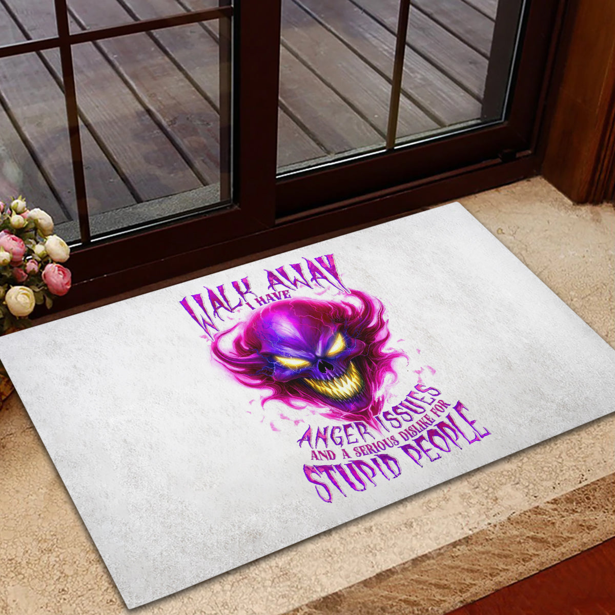 Flame Skull Rubber Doormat Walk Away I Have Anger Issues And Dislike For Stupod People - Wonder Print Shop