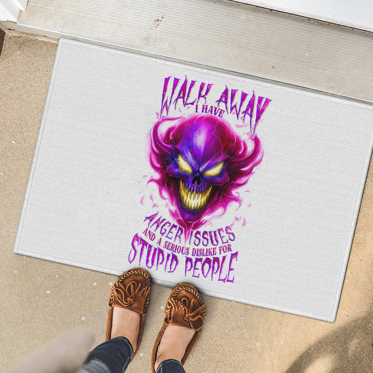 Flame Skull Rubber Doormat Walk Away I Have Anger Issues And Dislike For Stupod People - Wonder Print Shop