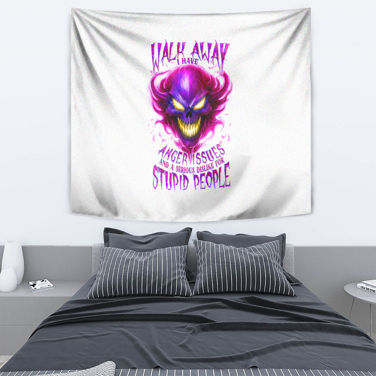 Flame Skull Tapestry Walk Away I Have Anger Issues And Dislike For Stupod People - Wonder Print Shop