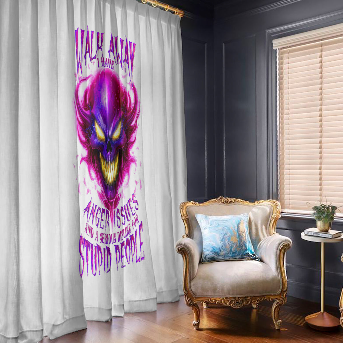 Flame Skull Window Curtain Walk Away I Have Anger Issues And Dislike For Stupod People - Wonder Print Shop