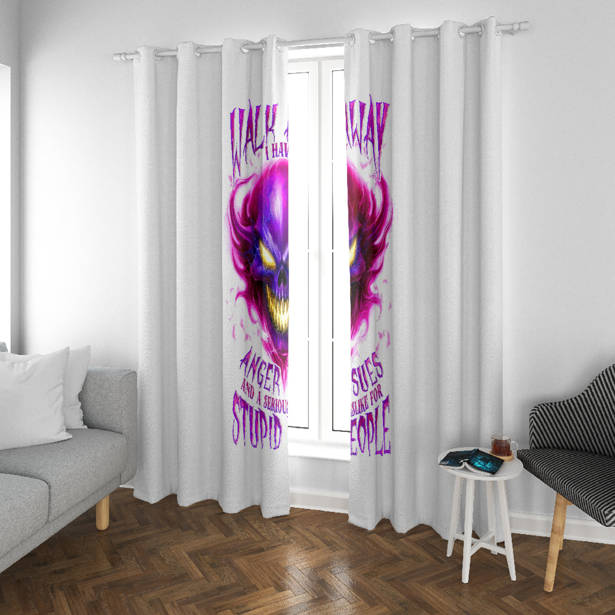 Flame Skull Window Curtain Walk Away I Have Anger Issues And Dislike For Stupod People - Wonder Print Shop
