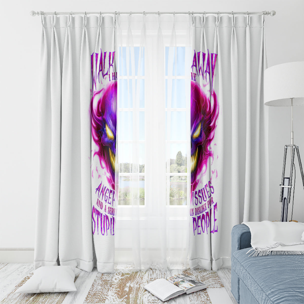 Flame Skull Window Curtain Walk Away I Have Anger Issues And Dislike For Stupod People - Wonder Print Shop