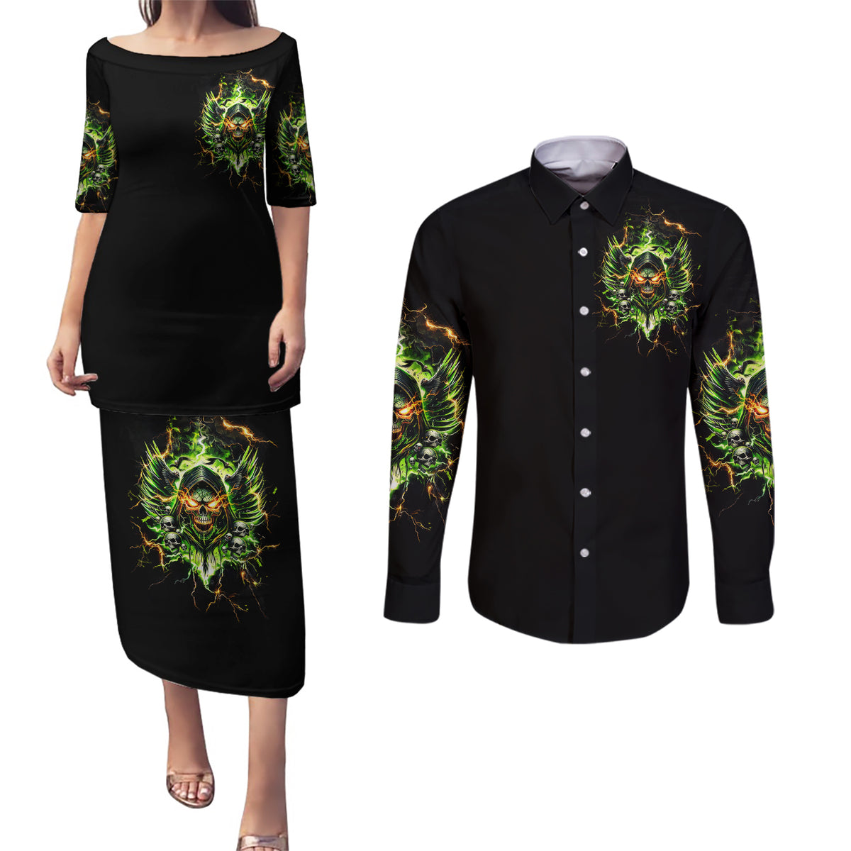 Doule Skull Couples Matching Puletasi and Long Sleeve Button Shirt Angel To Some Demon To Most - Wonder Print Shop