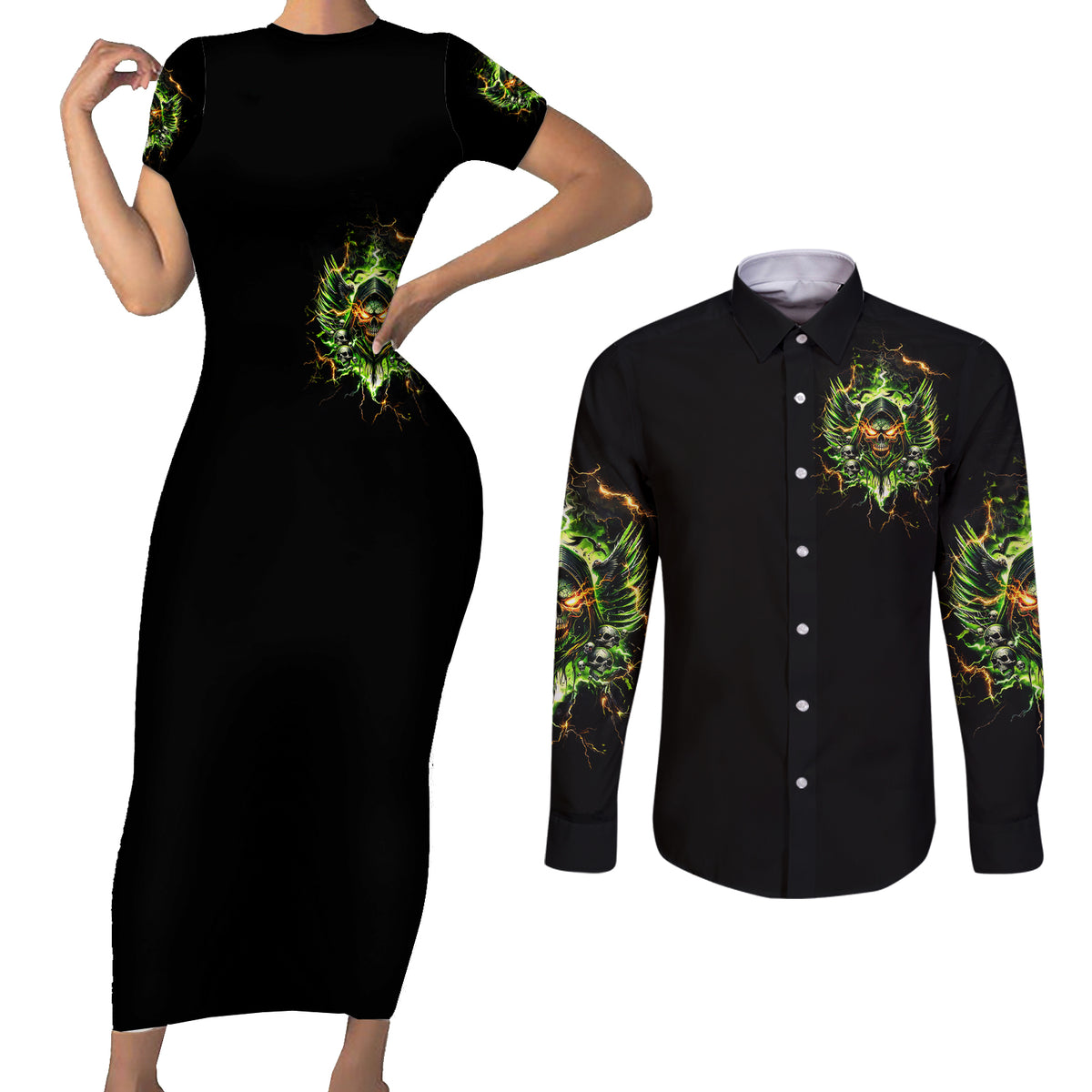 Doule Skull Couples Matching Short Sleeve Bodycon Dress and Long Sleeve Button Shirt Angel To Some Demon To Most - Wonder Print Shop