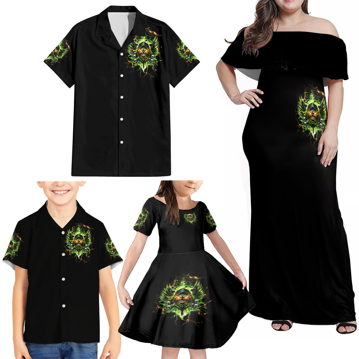 Doule Skull Family Matching Off Shoulder Maxi Dress and Hawaiian Shirt Angel To Some Demon To Most - Wonder Print Shop