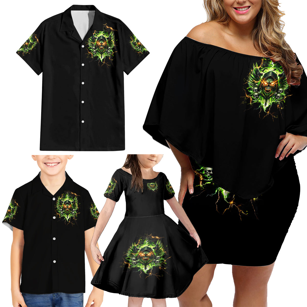 Doule Skull Family Matching Off Shoulder Short Dress and Hawaiian Shirt Angel To Some Demon To Most - Wonder Print Shop