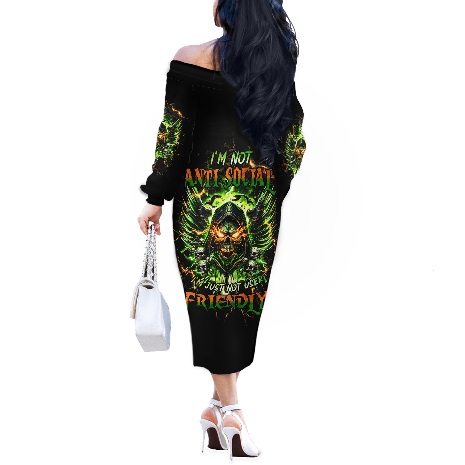 Doule Skull Off The Shoulder Long Sleeve Dress Angel To Some Demon To Most - Wonder Print Shop