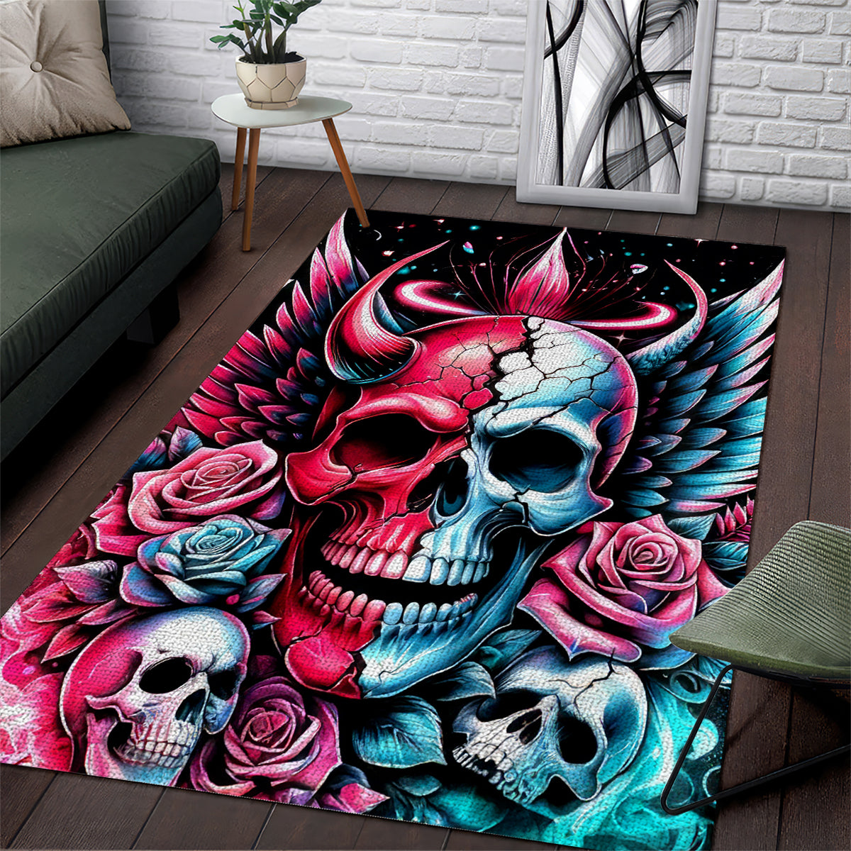 Couple Skull Area Rug She Was And Angel Craving Chaos Demon Seeking Peace - Wonder Print Shop