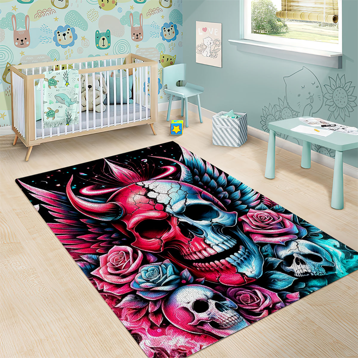 Couple Skull Area Rug She Was And Angel Craving Chaos Demon Seeking Peace - Wonder Print Shop
