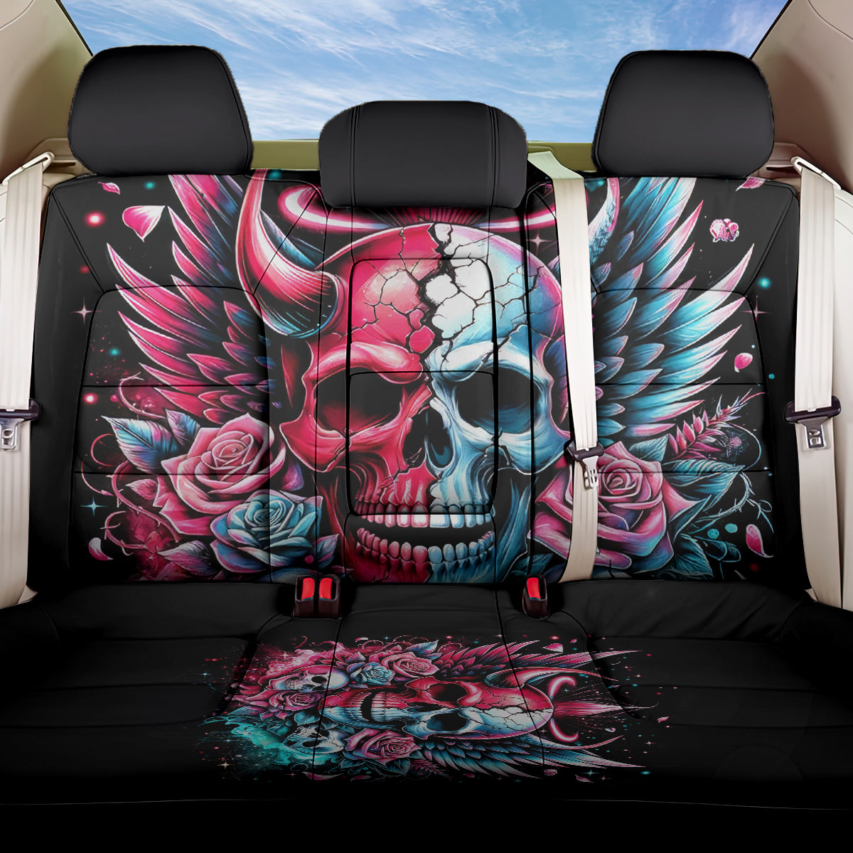 Couple Skull Back Car Seat Cover She Was And Angel Craving Chaos Demon Seeking Peace - Wonder Print Shop