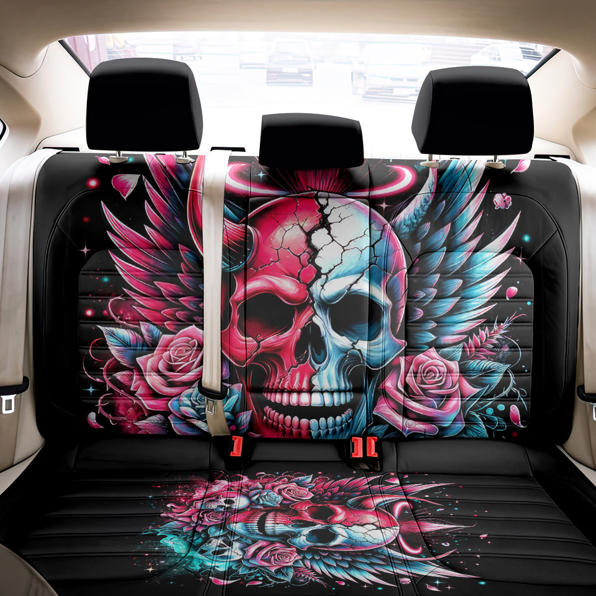 Couple Skull Back Car Seat Cover She Was And Angel Craving Chaos Demon Seeking Peace - Wonder Print Shop