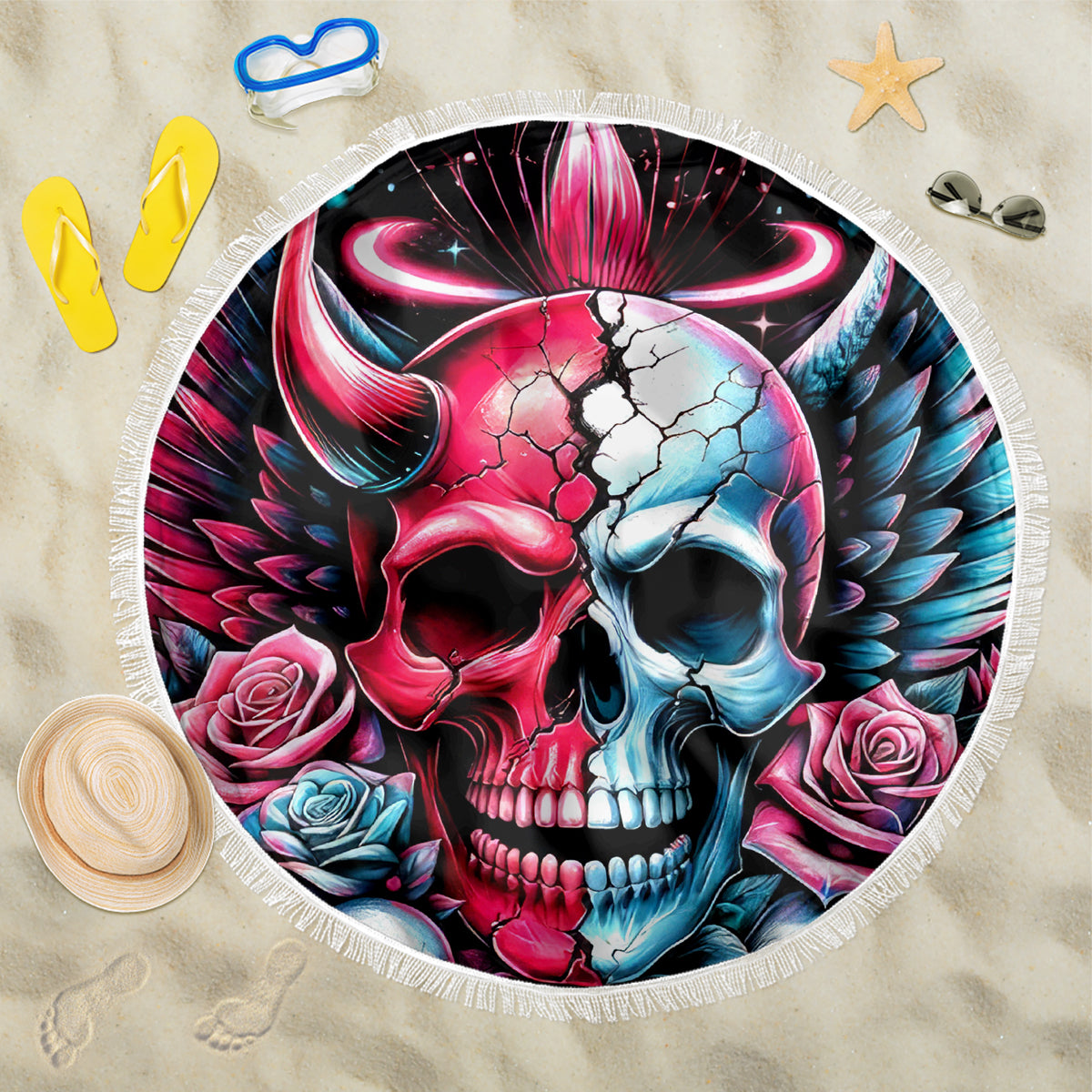 Couple Skull Beach Blanket She Was And Angel Craving Chaos Demon Seeking Peace - Wonder Print Shop