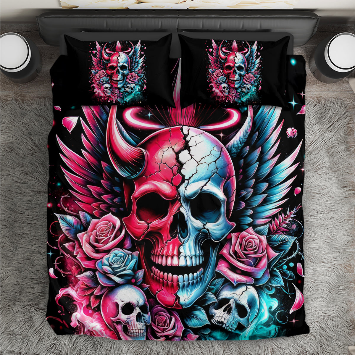 Couple Skull Bedding Set She Was And Angel Craving Chaos Demon Seeking Peace - Wonder Print Shop