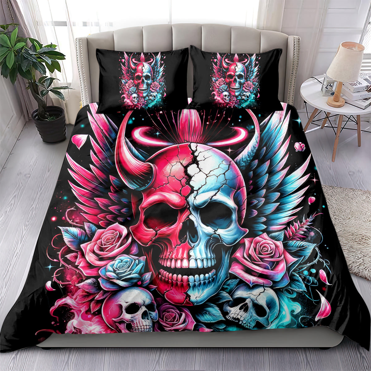 Couple Skull Bedding Set She Was And Angel Craving Chaos Demon Seeking Peace - Wonder Print Shop