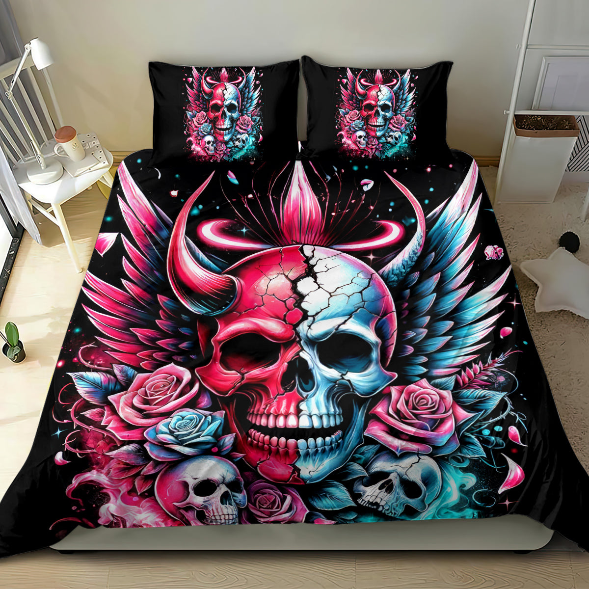 Couple Skull Bedding Set She Was And Angel Craving Chaos Demon Seeking Peace - Wonder Print Shop